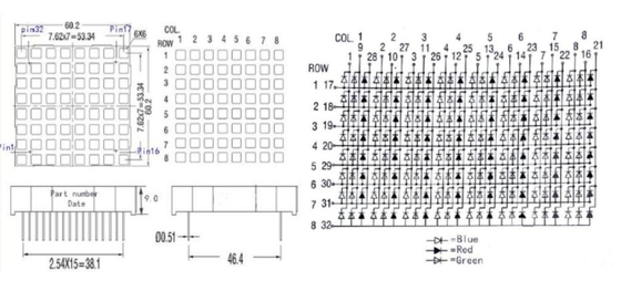 60X60mm Square 8X8 Dots RGB LED Matrix Display Dots Matrix Led