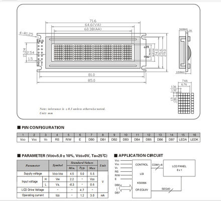 MPU Stn COB LCD Display 8X1 Character FSTN Positive With White LED Backlight
