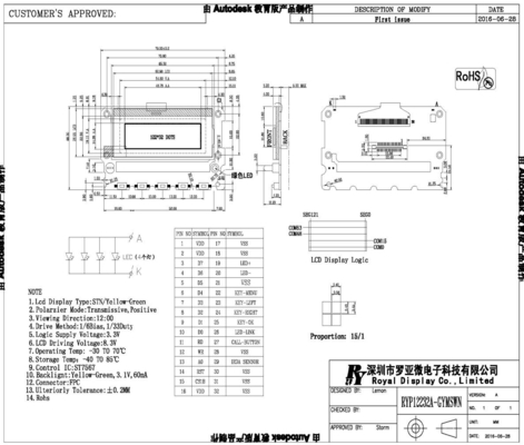 122*32 STN Graphic Yellow Green Customized LCD Module With ST7567 IC 3.3V