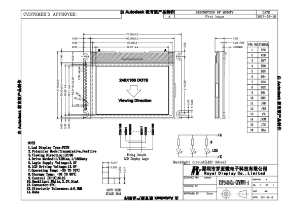 FSTN 240*160 LCD Module Graphic With UC1611S Monochrome Positive Display Screen