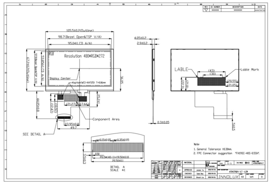 4.3 Inch TFT Original Innolux LCD Module AT043TN24 V.7 480*RGB*272 Display