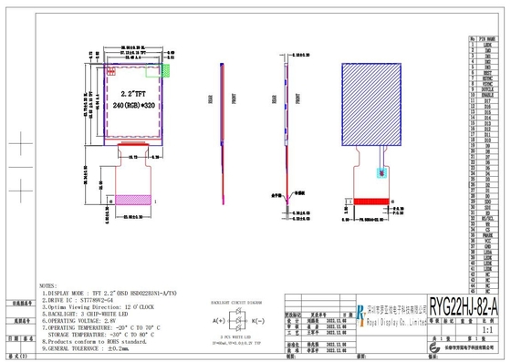 2.2 Inch TFT LCD Module 240*320 RGB 2.8v White Wide Temperature Display