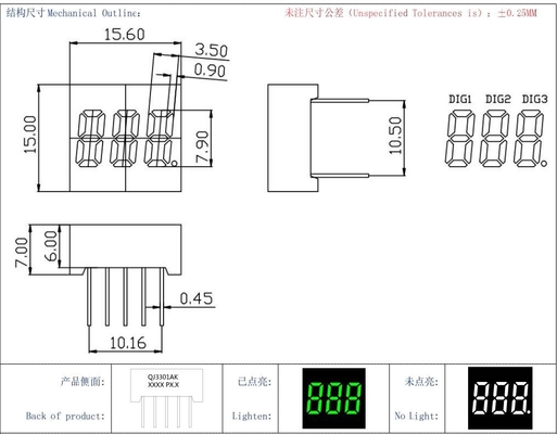 Common Cathode 20mA emerald green LED Module 3 digit 7 segment display