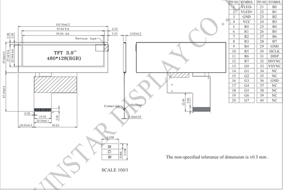 3.9'' bar TFT LCD Module 480*128*RGB WinStar replace 6H HX8278-A