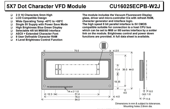 VFD Module 5*7 DOT 2*16 Character Cu16025ecpb-W2j Blue Green 8-Bit Parallel Interface