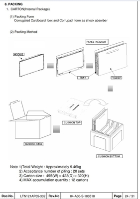 12.1'' Industrial TFT LCD 1280*800 RGB Samsung Monitor Display LTN121AP05-302 High Contrast