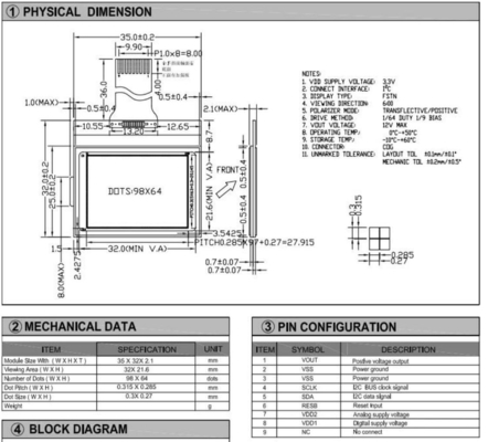 98*64 Graphic LCD Module With St7549 I2c Interface Transflective Positive Wide Temperature Display