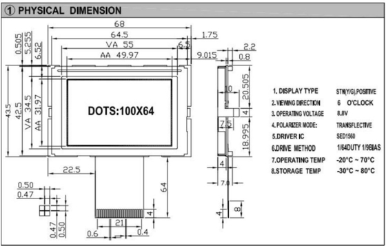 100*64 Graphic LCD Module STN 6H With SED1560 Wide Temperature Yellow Green Display Customizable