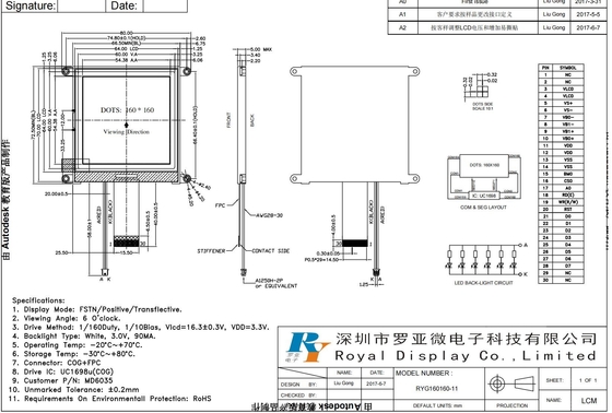 160*160 Graphic LCD Module With Standoffs 6H FSTN Positive Transflective Wide Temperature UC1698U