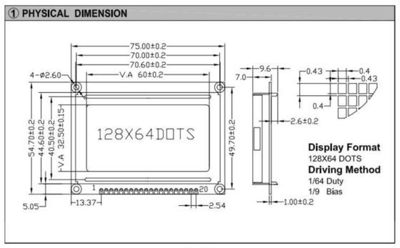 128*64 Graphic LCD Module Color Optional 20 PIN AT0107/AT0108 STN Wide Temperature Display Industrial Use