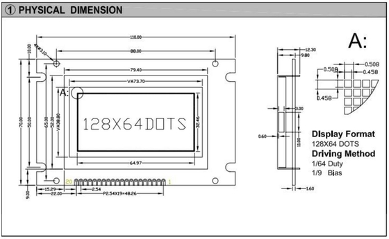 Big Size 128*64 Graphic LCD Module 20 Pin Monochrome With PCB Back Light Industrial Display Customize