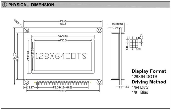 128*64 Graphic STN LCD Module With LED Back Light Monochrome 20 Pin ST7565 3.5v Industrial Display