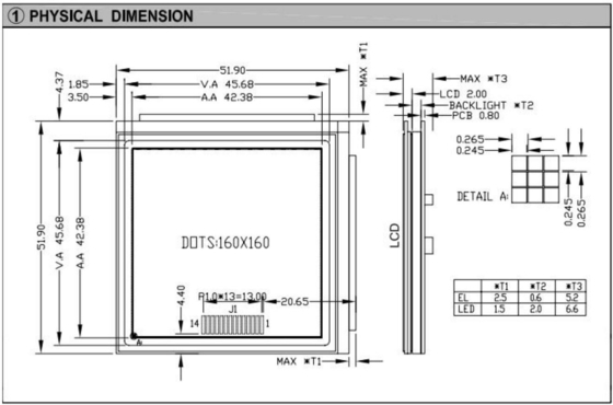 160*160 Square Graphic LCD Module With Backlight PCB NT7701 Wide Temperature Industrial Display