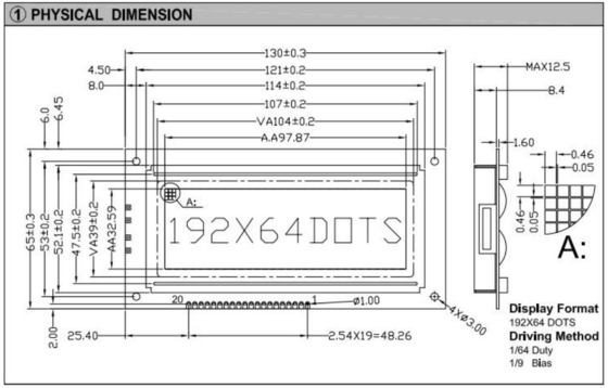 192*64 Graphic LCD Module Big Size STN PIN Connector With Backlight AT0107 AT0108 Industrial Display