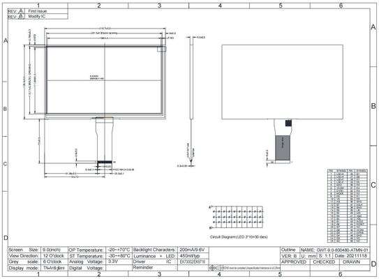9.0'' TFT LCD Module Wide Temperature 800*RGB*480 12H Transmissive Customized Display