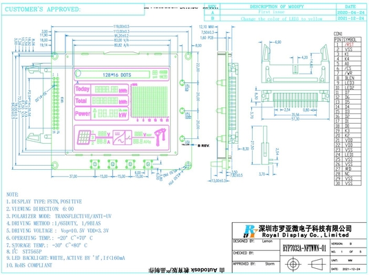 128*16 Dots FSTN Customized LCD Module 6H With ST7565P Wide Temperature For UPS Photovoltaic Inverter