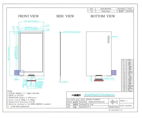 3.7'' EPD 240*416 4 Color E-Paper Display  for Electronic Shelf Label System