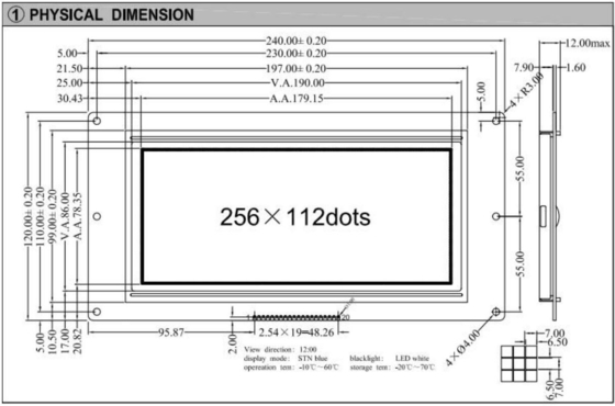 256*112 Graphic LCD Module 12H STN Blue Wide Temperature Industrial Display
