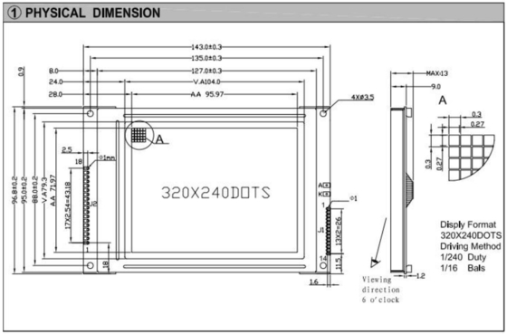 320*240 FSTN Graphic LCD Module RA8835 6H Wide Temperature Industrial Display
