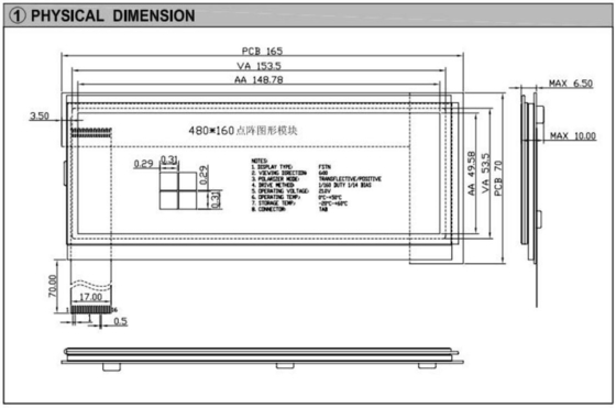 480*160 Graphic LCD Module FSTN 6H Transflective Positive Industrial Display