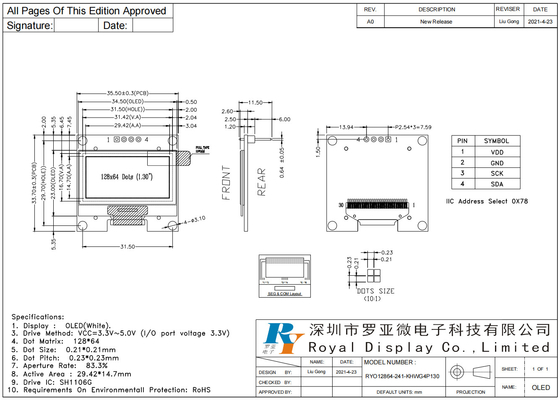 1.3'' 128*64 White Monochrome OLED I2C Interface Wide Temperature LCD Module