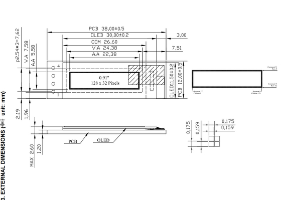0.91'' 128*32 Monochrome Wide Temperature OLED with PCB LCD Module