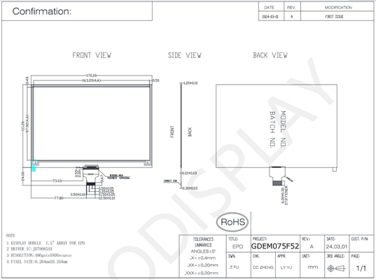 7.5'' 480*800 4 Color JD79665AA E-paper Display EPD