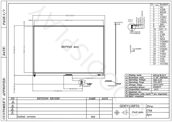 11.6'' 960*640 4 Color E-paper Display SPI Interface EPD