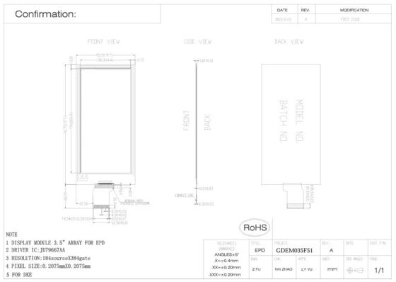 3.52'' 4 Color 384*184 Jd79667AA Based E-Paper Display EPD