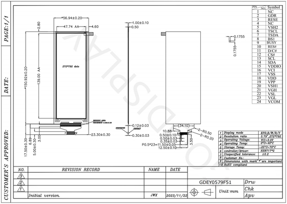 5.79'' 4 Color 272*792 HX8717 Based Standard E-paper Display EPD