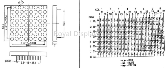 300mcd 8X8 Dot Matrix LED Display Common Cathode 60.2X60.2mm